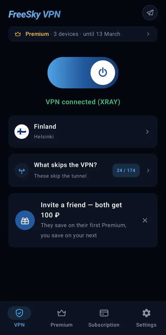 The FreeSky VPN app home screen: Premium for 3 devices, VPN connected, location Finland